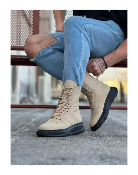 Omarı Süet Uzun Bağcıklı Bej Kömür Bot