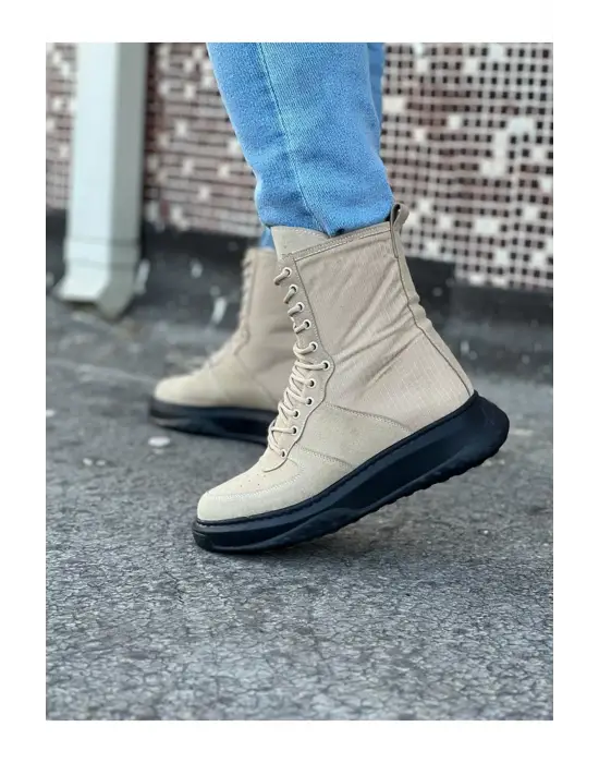 Omarı Süet Uzun Bağcıklı Bej Kömür Bot