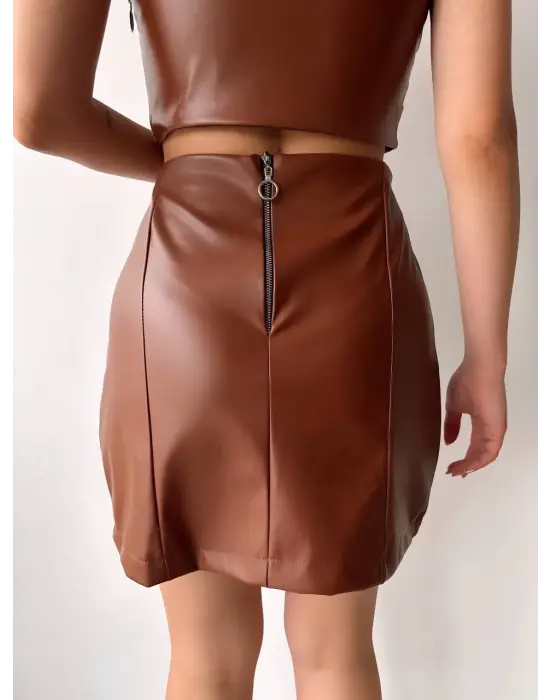 Beş düğmeli oval deri etek kahve h240068