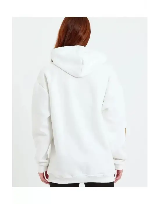 Omarı Minimalist Desenli Kapüşonlu Sweatshirt - Beyaz