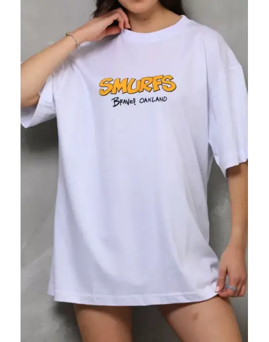 Omarı Bisiklet Desenli Oversize T-Shirt - Beyaz