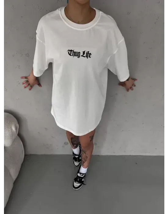 Omarı Bisiklet Desenli Oversize Beyaz T-Shirt