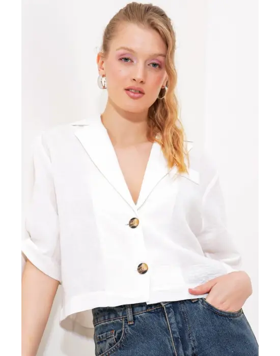 Beyaz Çift Düğmeli Oversize Crop Keten Ceket 0706