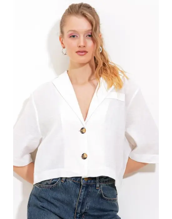 Beyaz Çift Düğmeli Oversize Crop Keten Ceket 0706