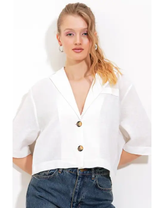 Beyaz Çift Düğmeli Oversize Crop Keten Ceket 0706
