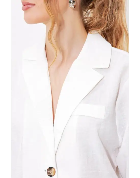 Beyaz Çift Düğmeli Oversize Crop Keten Ceket 0706