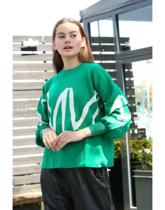 Beyaz çizgili bisiklet yaka kazak yeşil