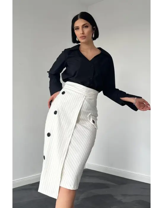 Beyaz Çizgili Poliviskon Etek