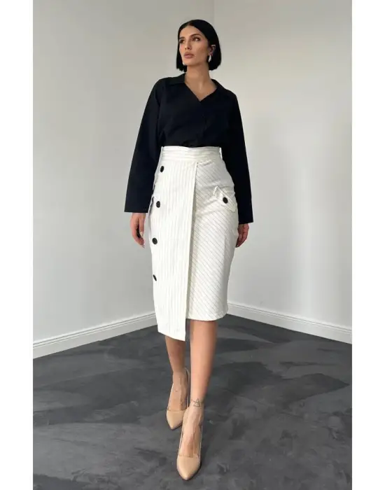 Beyaz Çizgili Poliviskon Etek