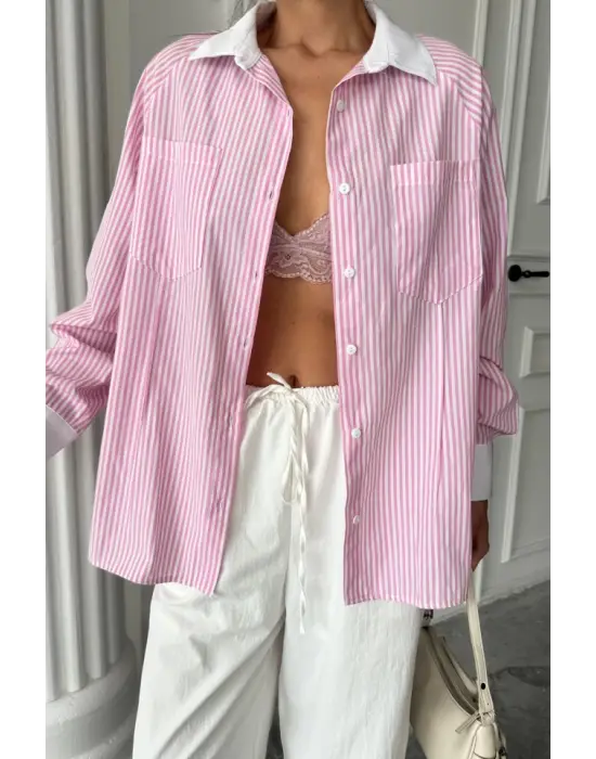 Omarı Çizgili Poplin Gömlek - Pembe