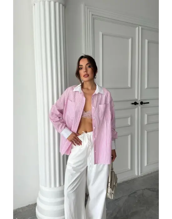 Omarı Çizgili Poplin Gömlek - Pembe