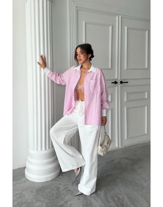 Omarı Çizgili Poplin Gömlek - Pembe