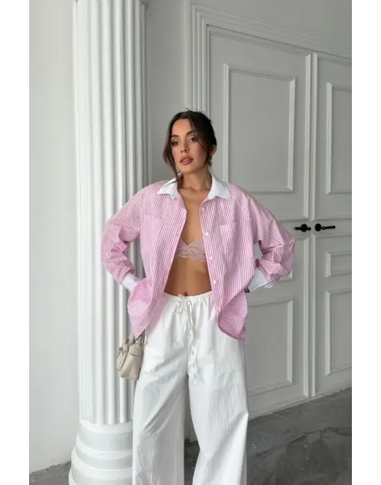 Omarı Çizgili Poplin Gömlek - Pembe