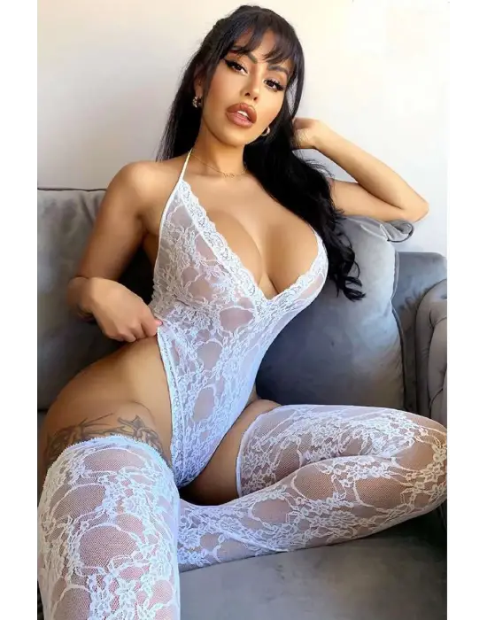 Omarı Dantelli Harness Stilinde Beyaz Kadın Babydoll Fantezi Kıyafet