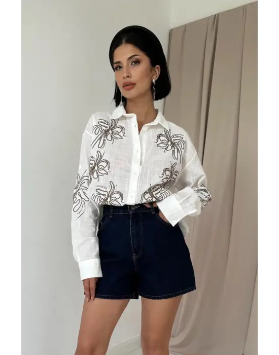 Beyaz Flamlı Keten Nakışlı Pullu Gömlek