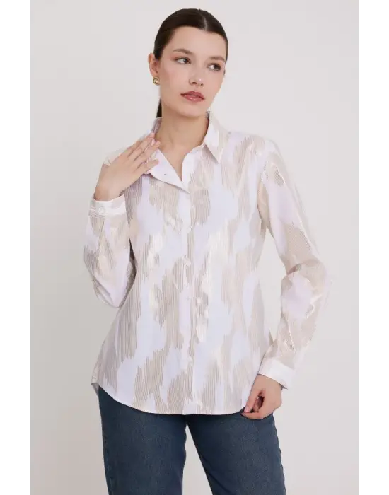 Beyaz Gold Varak Desenli Gömlek 20253
