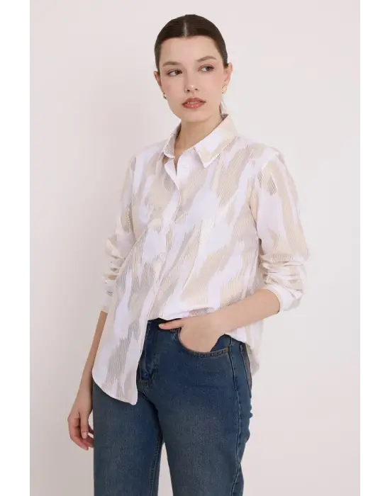 Beyaz Gold Varak Desenli Gömlek 20253