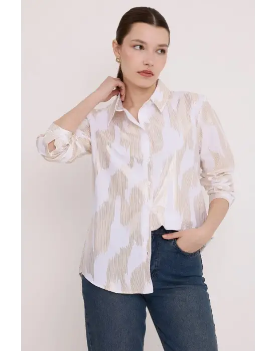 Beyaz Gold Varak Desenli Gömlek 20253
