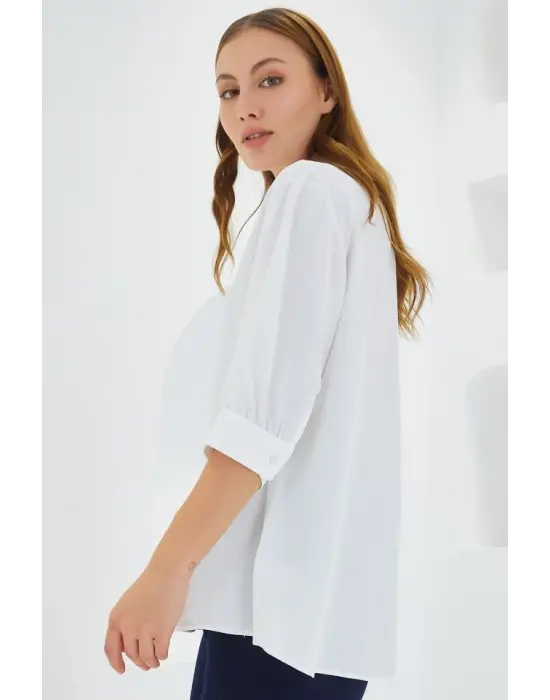 Beyaz Gömlek Yaka Saten Bluz 0493