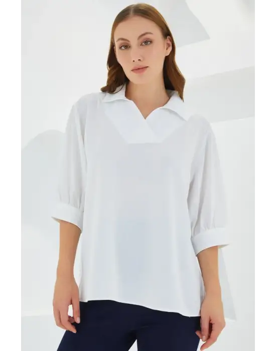 Beyaz Gömlek Yaka Saten Bluz 0493