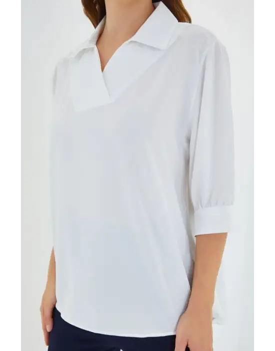 Beyaz Gömlek Yaka Saten Bluz 0493