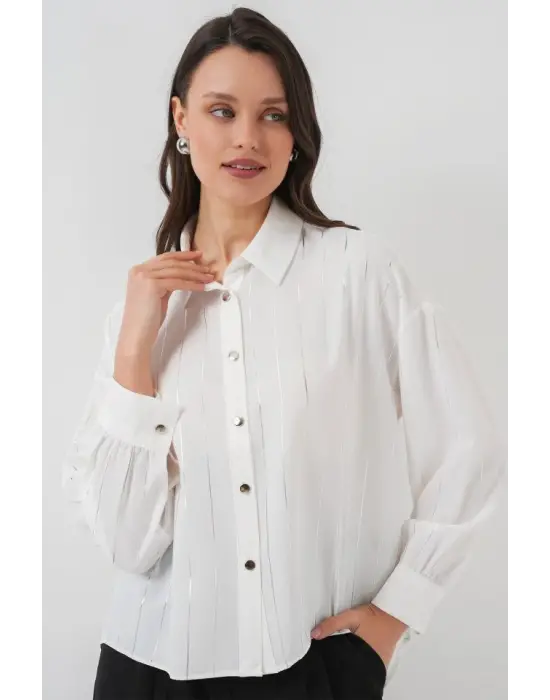 Beyaz Gümüş Çizgili Gömlek 5924