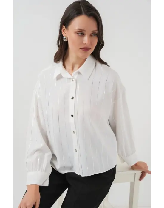 Beyaz Gümüş Çizgili Gömlek 5924