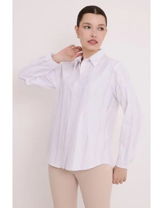 Beyaz Gümüş Varak Desenli Gömlek 20253