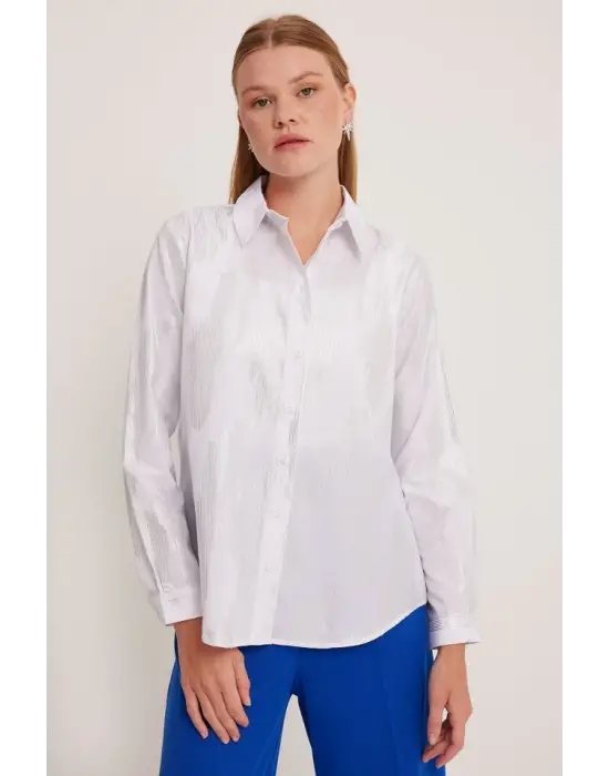 Beyaz Gümüş Varak Desenli Gömlek 20253