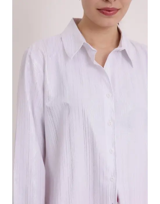 Beyaz Gümüş Varak Desenli Gömlek 20253