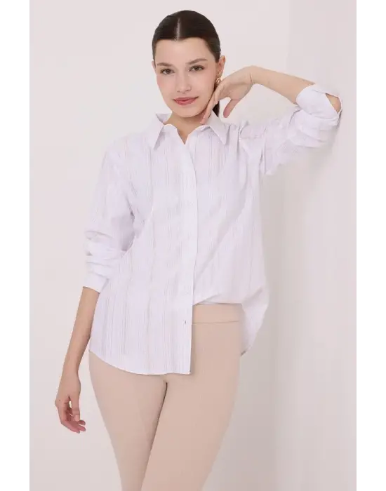 Beyaz Gümüş Varak Desenli Gömlek 20253