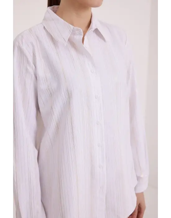 Beyaz Gümüş Varak Desenli Gömlek 20253