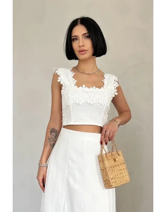 Beyaz Güpürlü Crop Ve Etek Takım