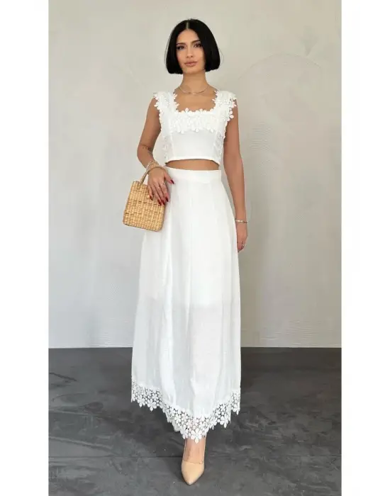 Beyaz Güpürlü Crop Ve Etek Takım