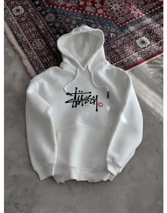 Omarı Rahat Kapşonlu Baskılı Beyaz Sweatshirt