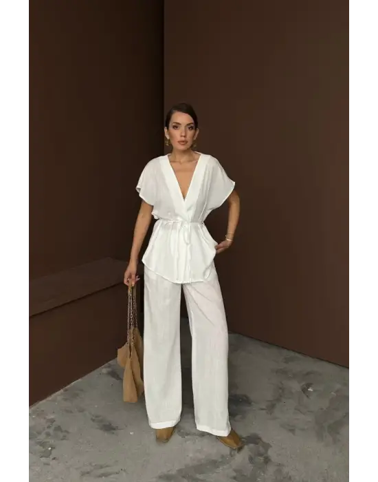 Omarı Keten V Yakalı Belden Bağlamalı Takım - Beyaz
