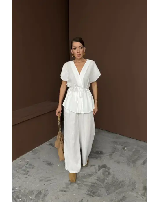 Omarı Keten V Yakalı Belden Bağlamalı Takım - Beyaz
