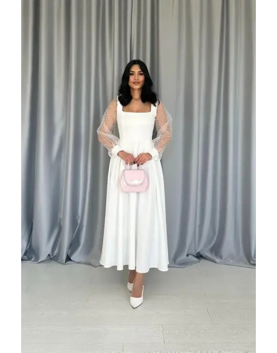 Omarı Organze Kuplu Beyaz Elbise