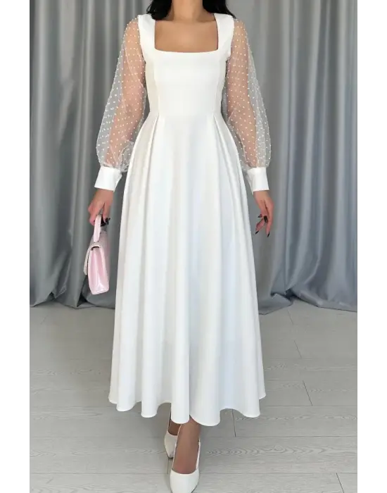 Omarı Organze Kuplu Beyaz Elbise