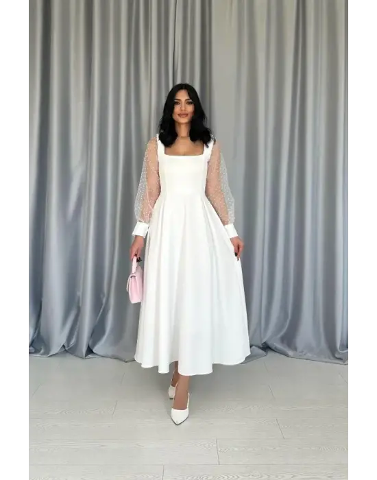 Omarı Organze Kuplu Beyaz Elbise