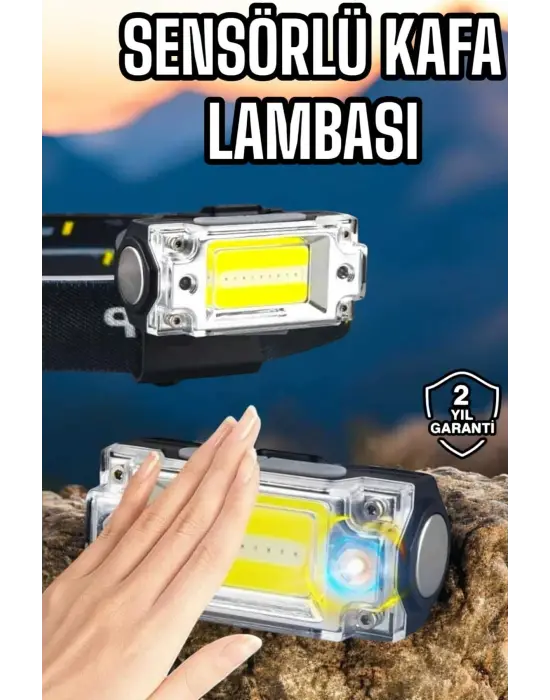 Beyaz Led Işık Sensörlü Kafa Lambası Lityum Batarya Led El Fenerli Şarjlı