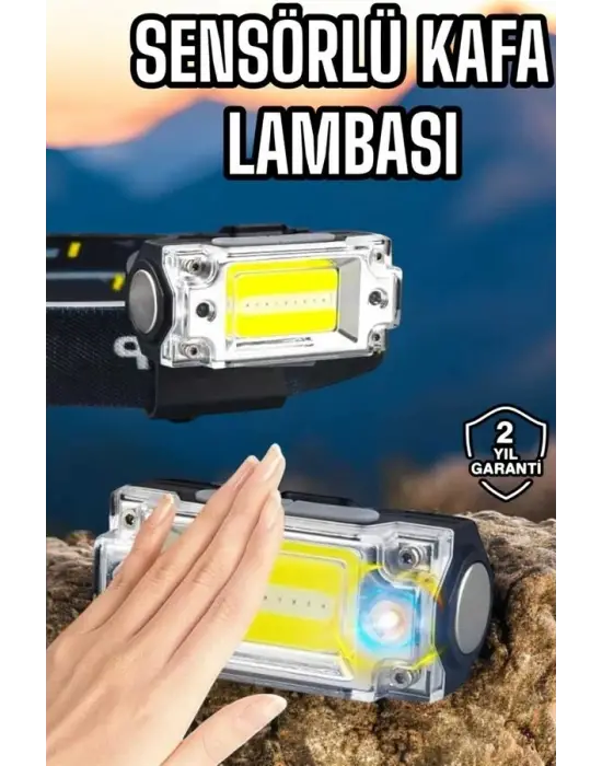 Beyaz Led Işık Sensörlü Kafa Lambası Lityum Batarya Led El Fenerli Şarjlı