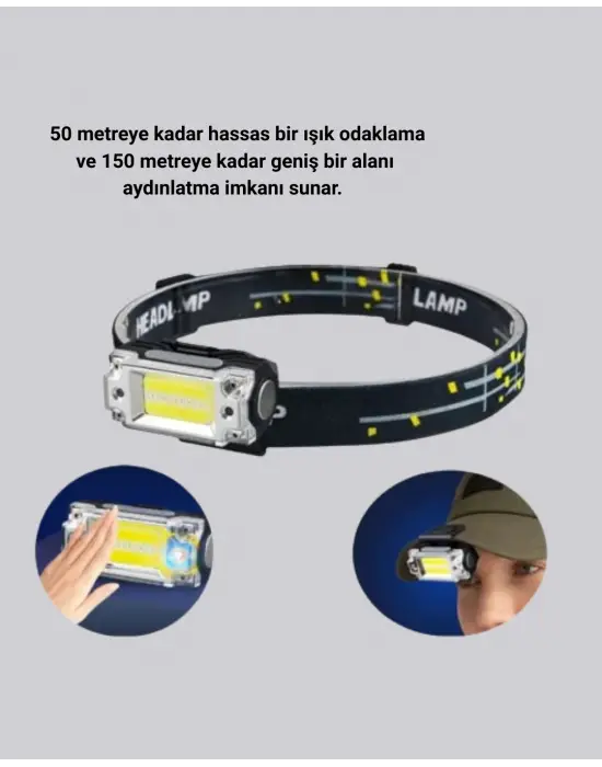 Beyaz Led Işık Sensörlü Kafa Lambası Lityum Batarya Led El Fenerli Şarjlı