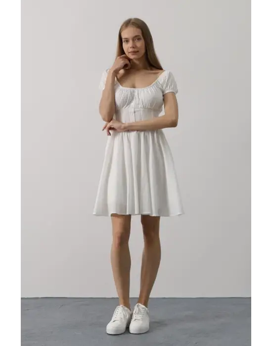 Omarı Beyaz Mini Elbise - Beli Korseli Şıklık