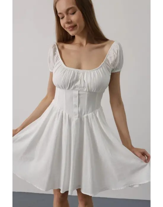 Omarı Beyaz Mini Elbise - Beli Korseli Şıklık