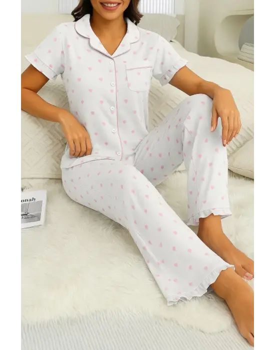 Omarı Mini Kalp Desenli Beyaz Pijama Takımı