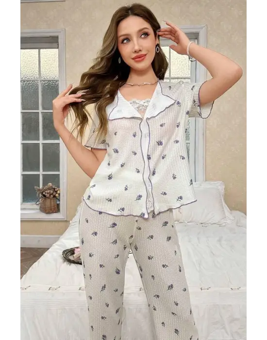 Beyaz Mor Lale Desenli Romantik Pijama Takımı 7335