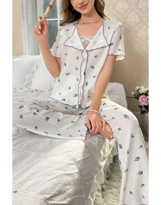 Beyaz Mor Lale Desenli Romantik Pijama Takımı 7335