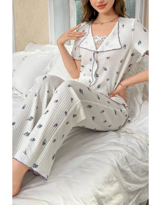 Beyaz Mor Lale Desenli Romantik Pijama Takımı 7335