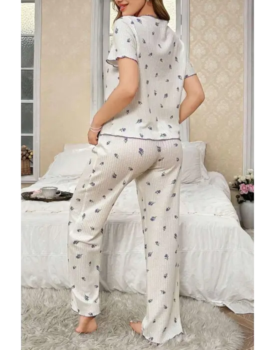 Beyaz Mor Lale Desenli Romantik Pijama Takımı 7335